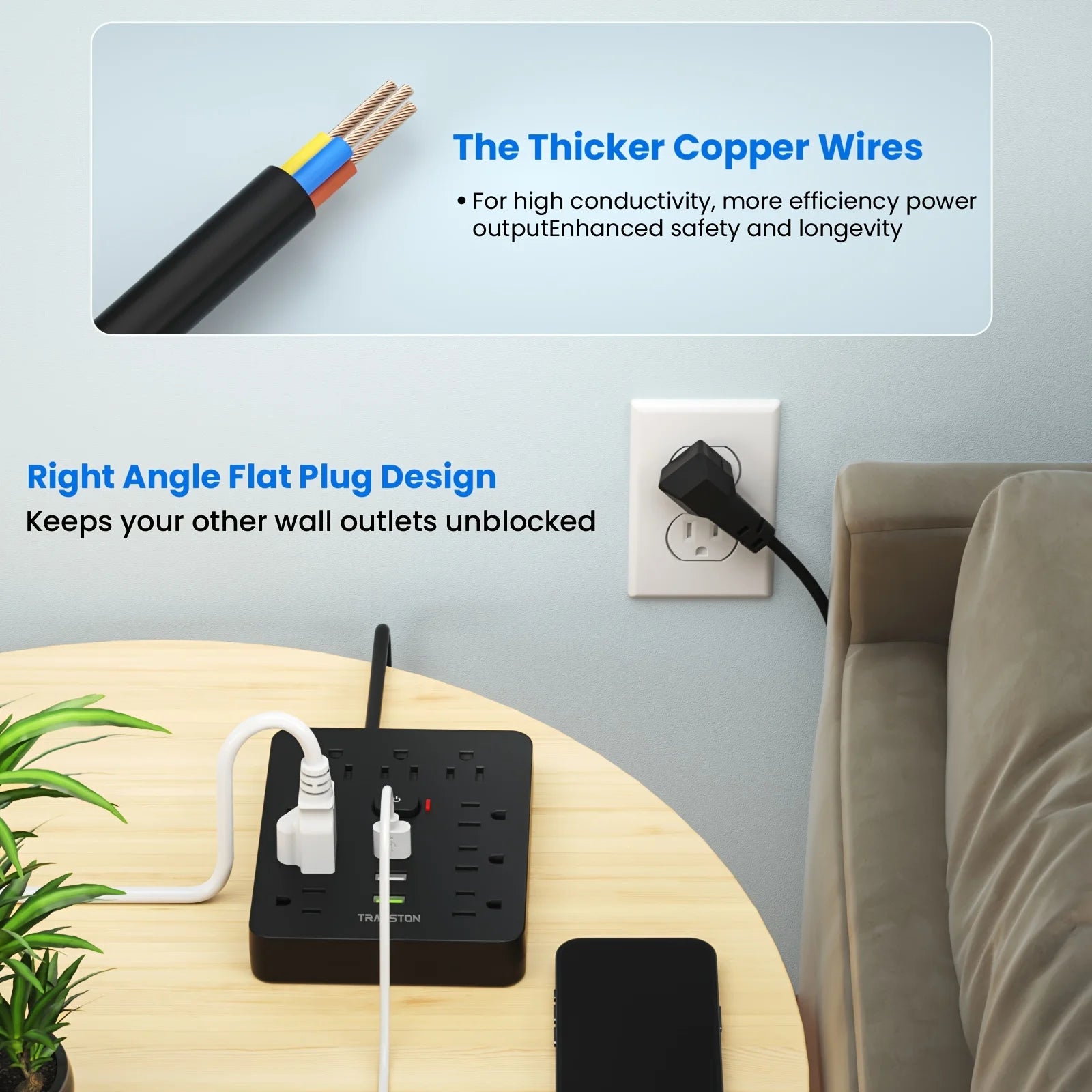 TRANSTON Home & Office Power Strip – 9 AC Outlets with 3 USB Ports