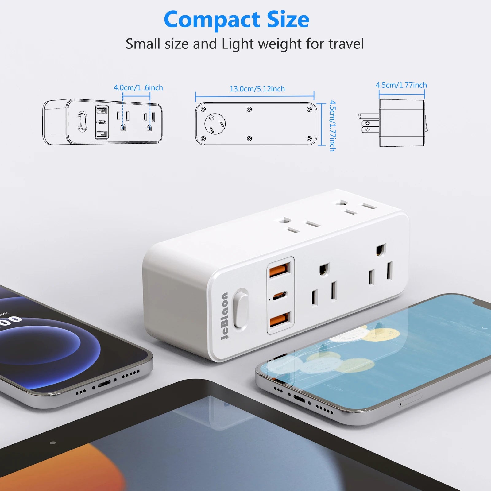 JcBlaon 360° Rotating US Power Strip – 6 AC Outlets, 3 USB Ports & 1 USB-C