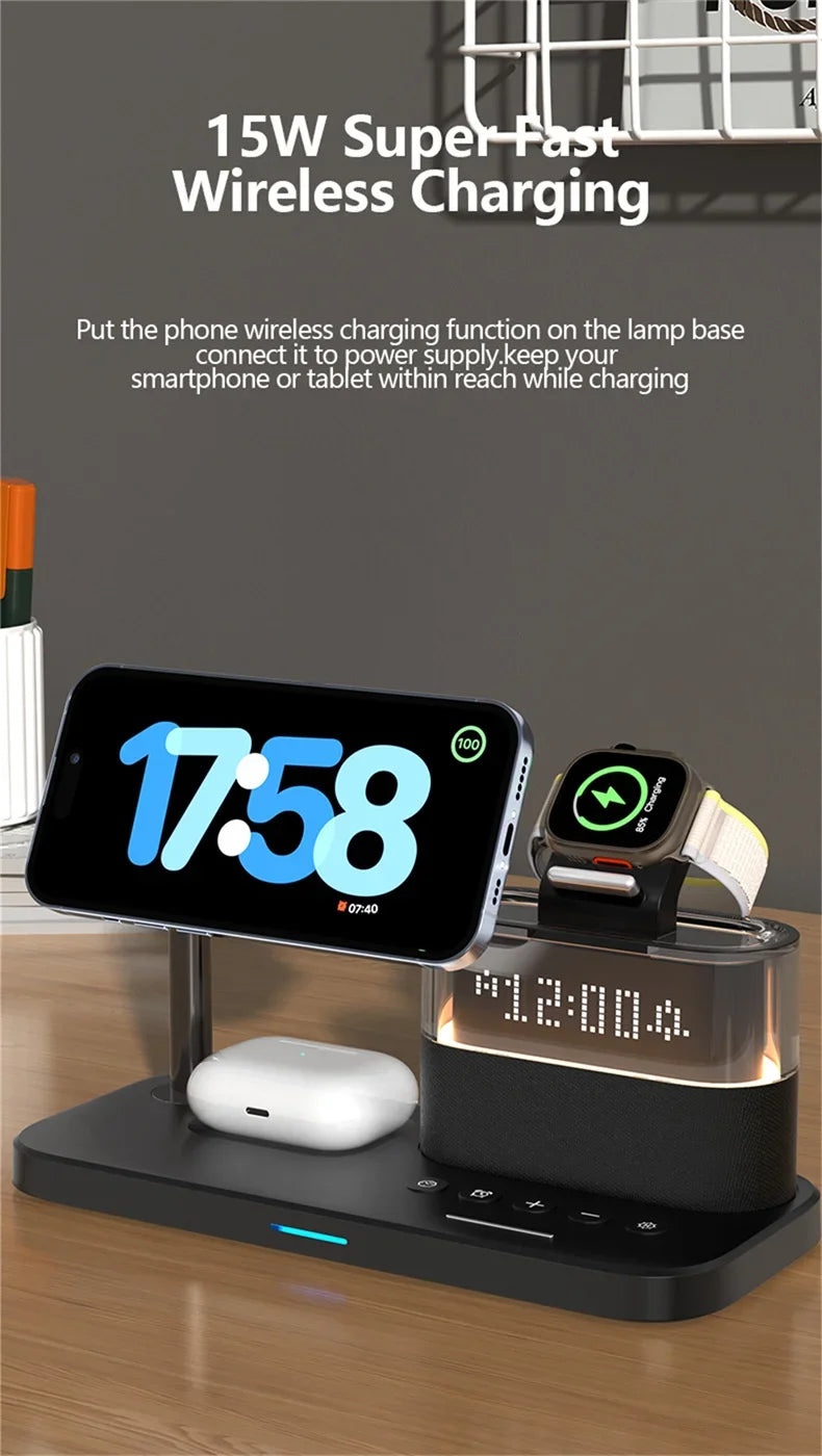 Magnetic 5-in-1 Wireless Charger – Night Light & Alarm Clock
