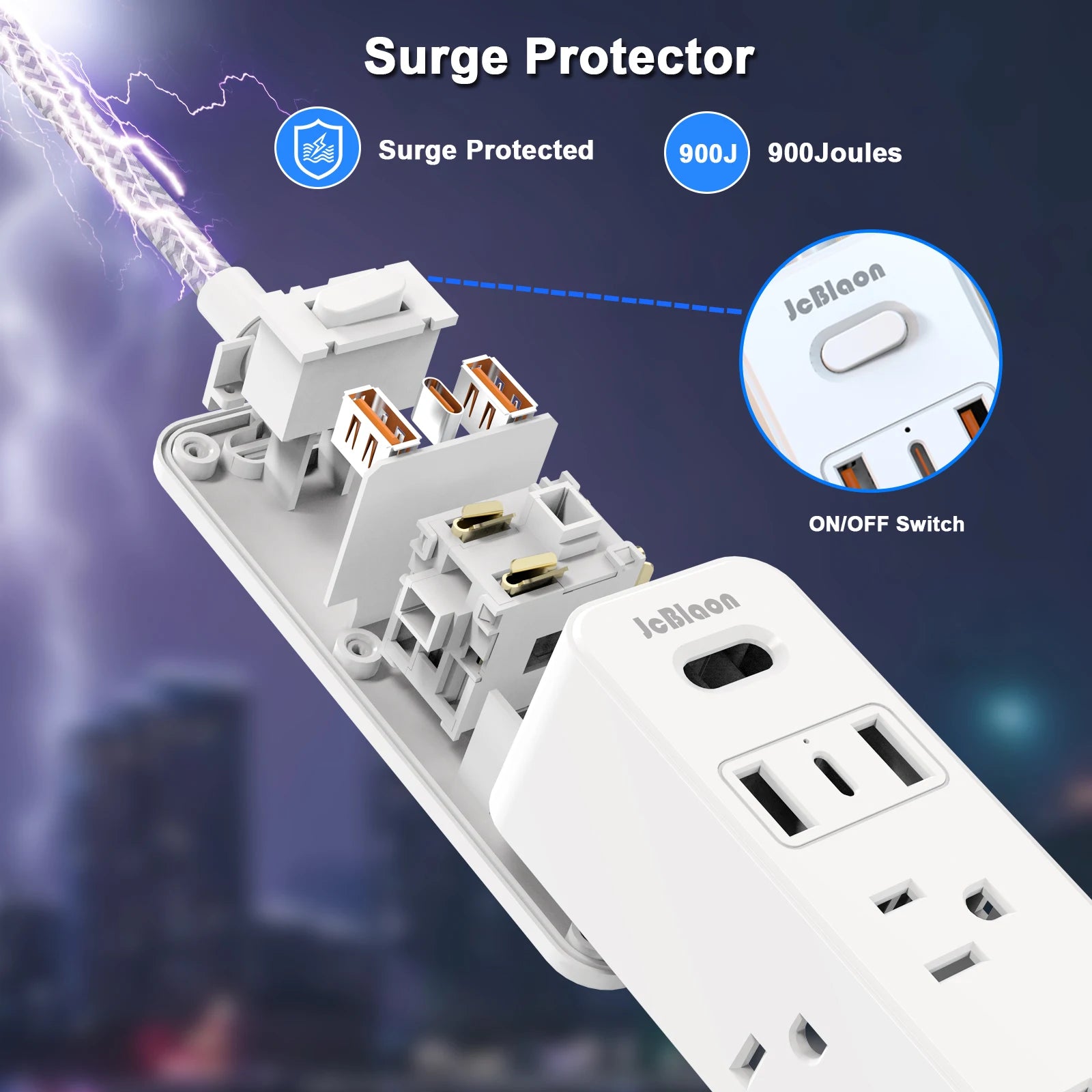 JcBlaon US Plug Multitap Power Strip – 1.5m Braided Cable with USB Charging