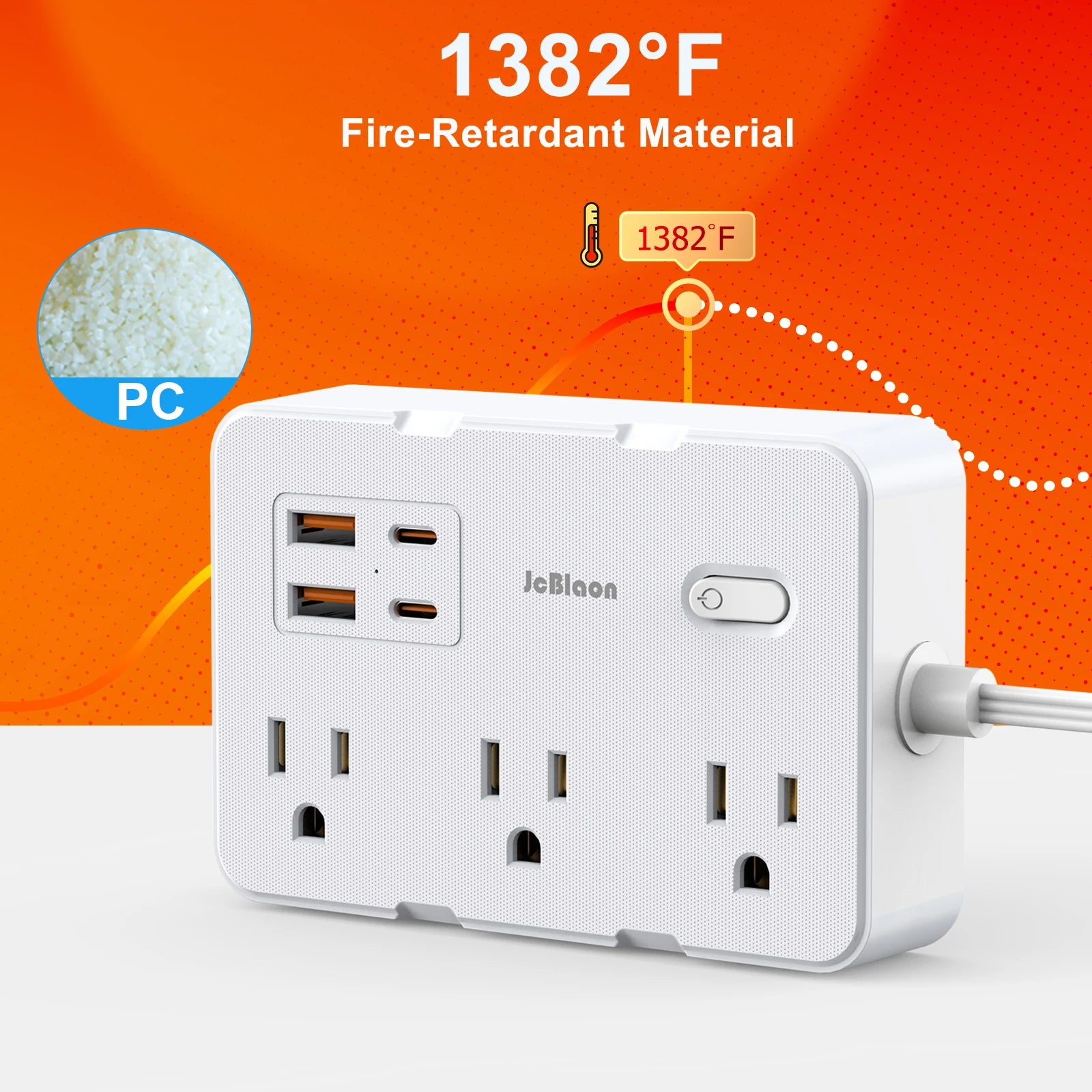 Power Strip Adapter – 6 AC Outlets & 4 USB Ports(2 USB - C) with 5ft Flat Cord