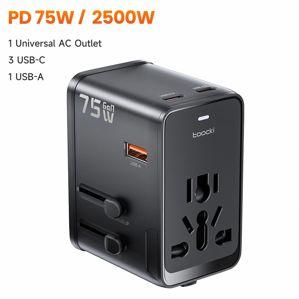 TOOCKI 75W GaN Universal Travel Adapter – Worldwide Plug with 45W USB-C Fast Charging