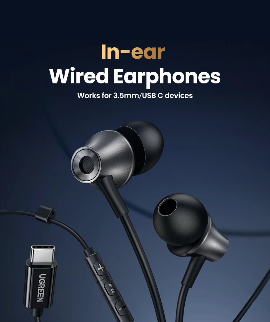 UGREEN 3.5mm & USB-C Wired Earbuds with Mic – HiFi Stereo