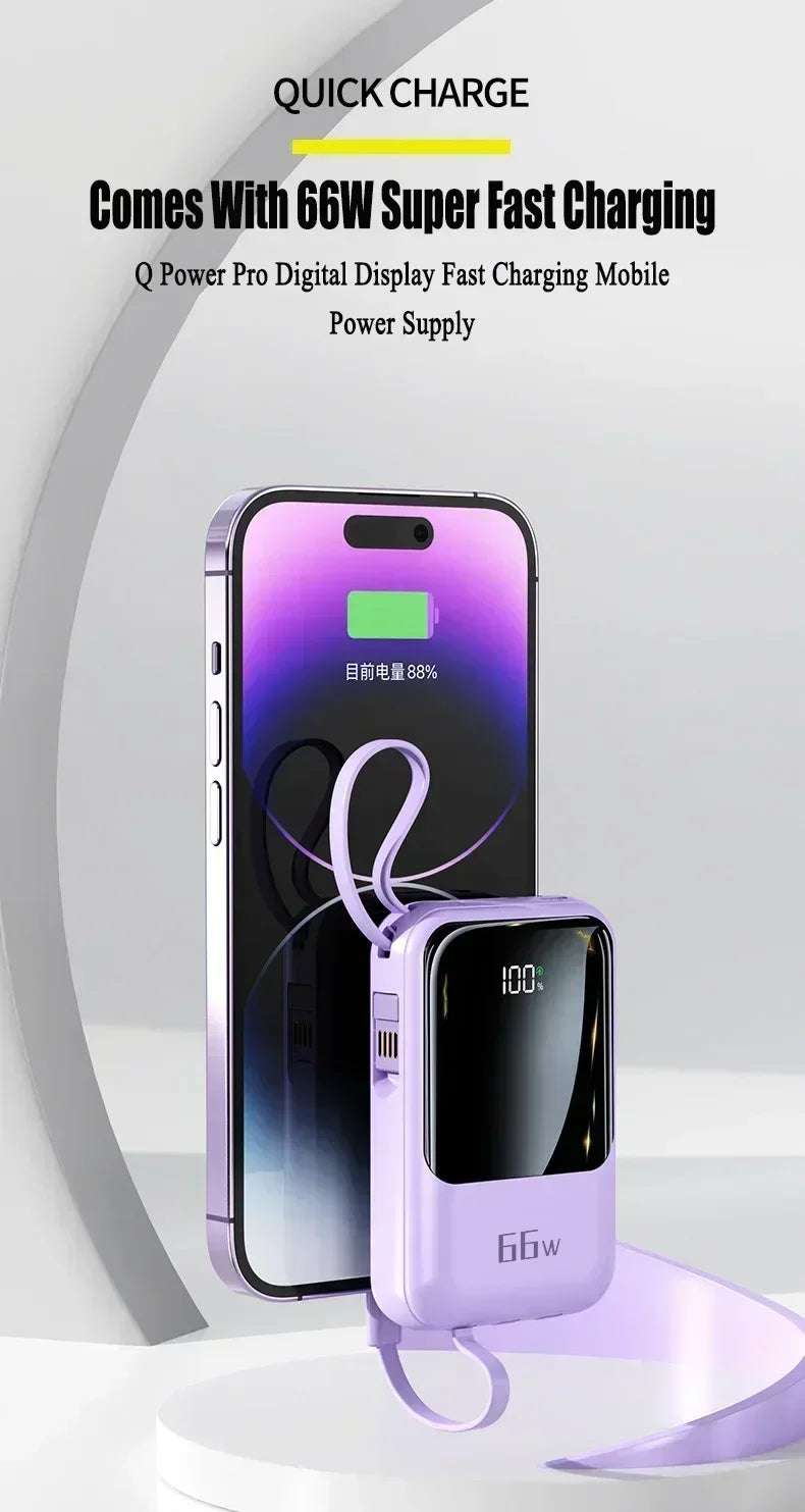 66W 30000mAh Portable Power Bank with Built-in Cables