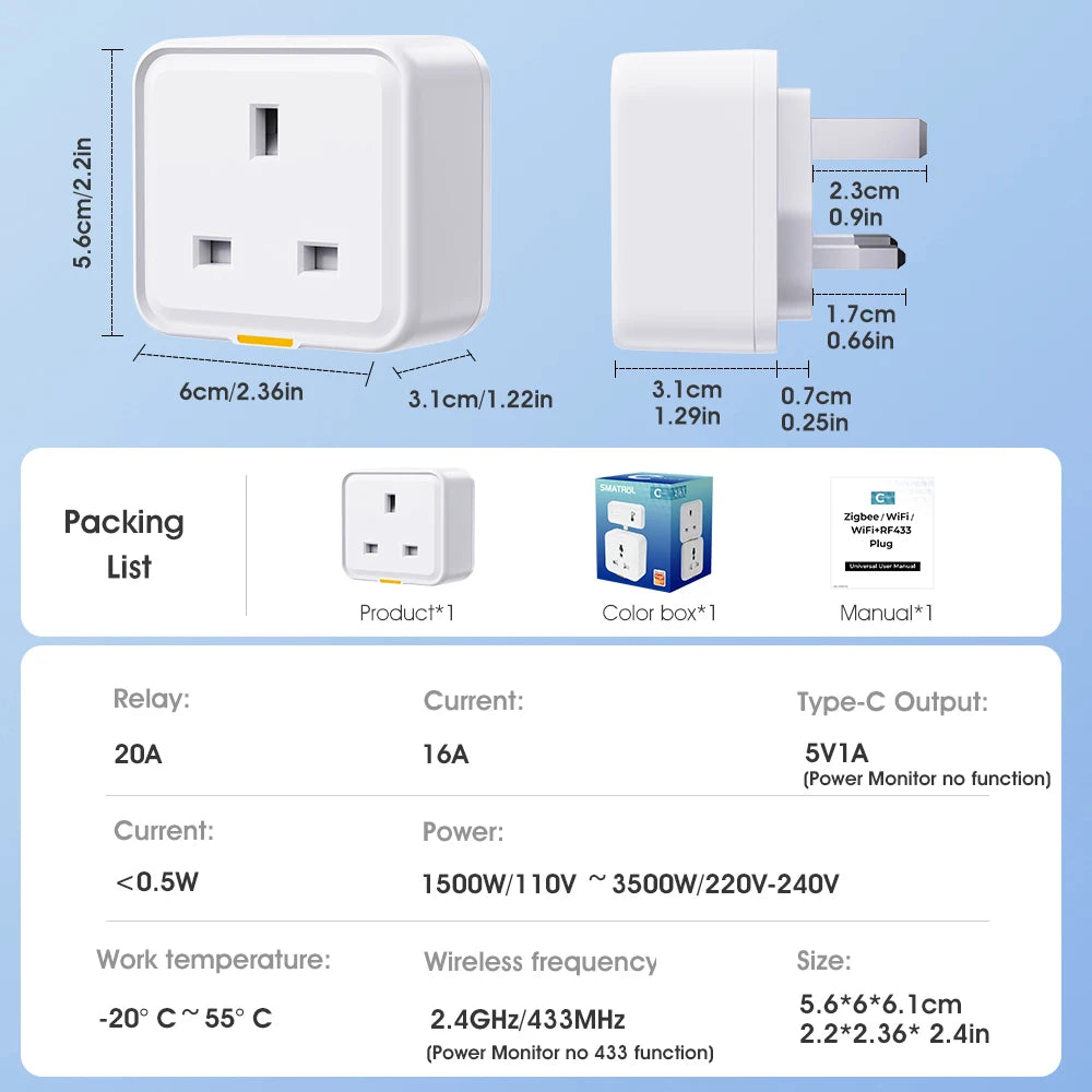Tuya WiFi Smart Plug UK – RF433, Type-C, 16A, Timer & Voice Control