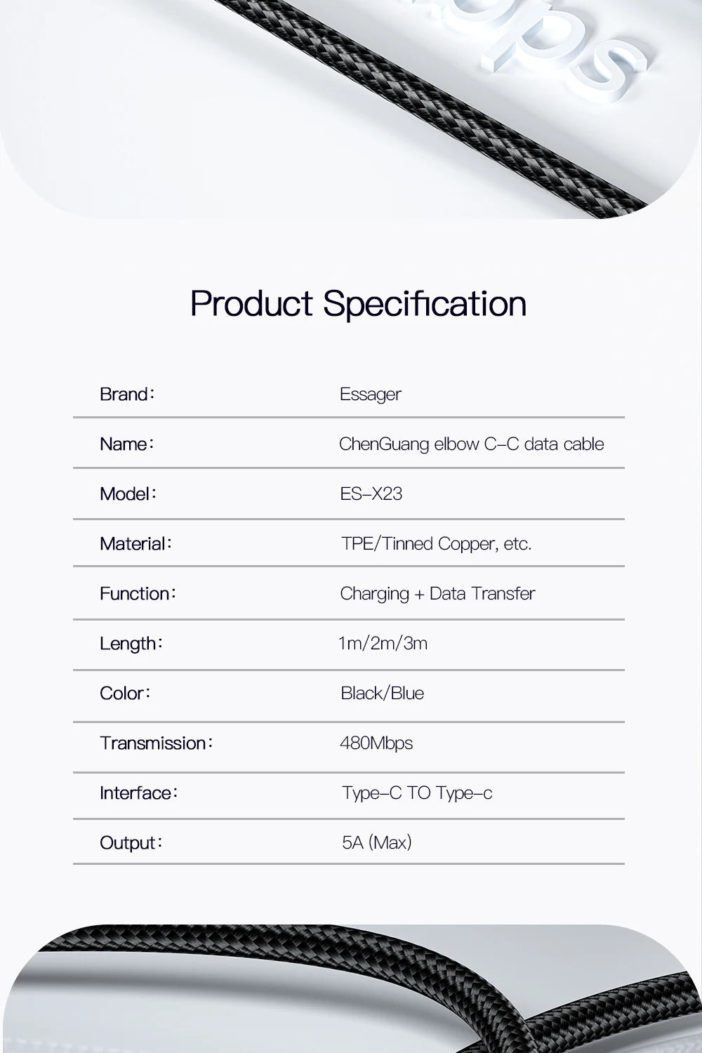 Essager 100W USB-C Cable – 90° Fast Charging & Data Wire