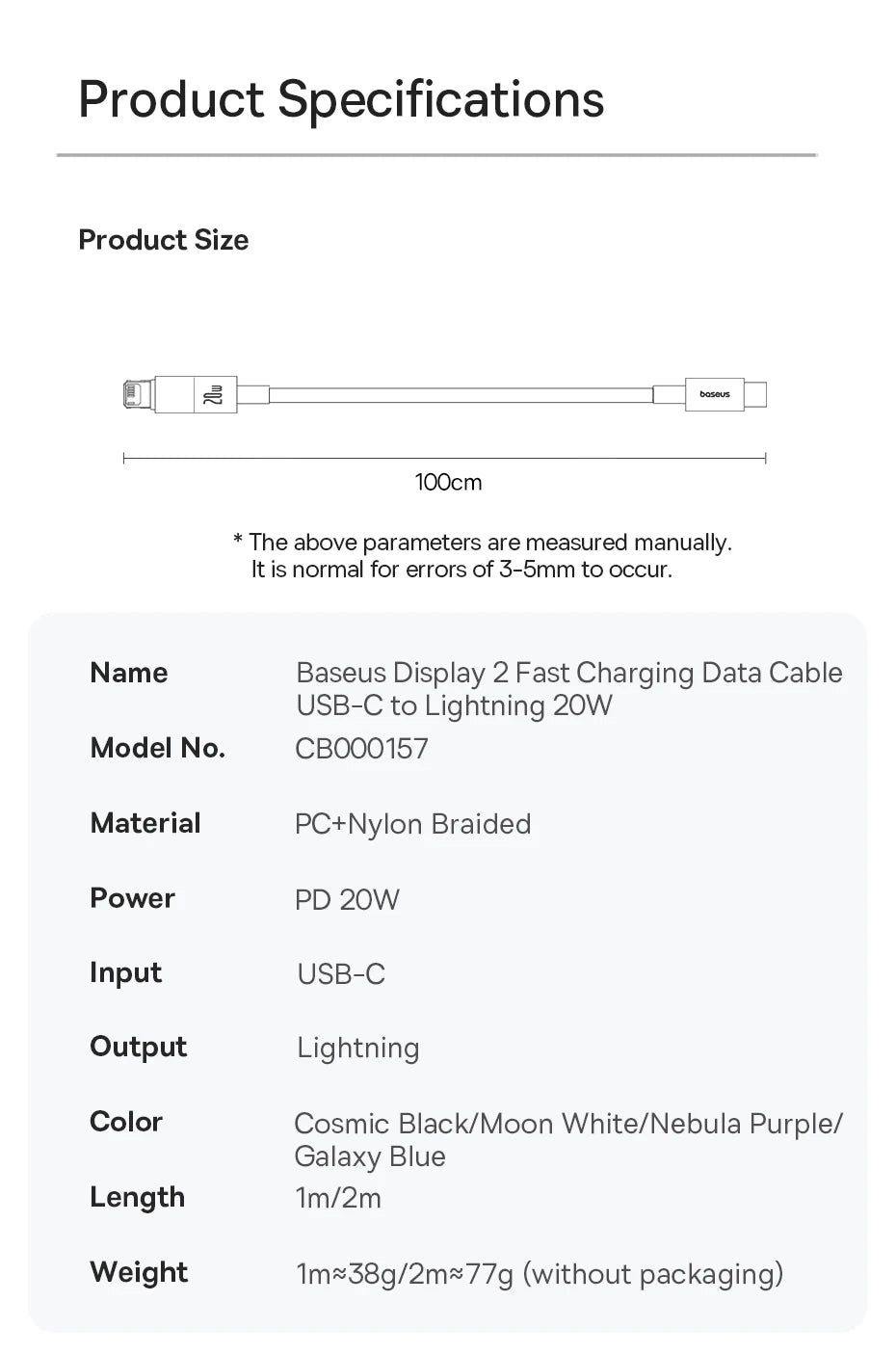 Baseus 20W USB-C Cable for iPhone & iPad – Fast Charge with LED Display