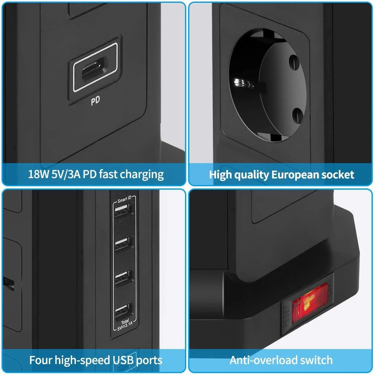 MELERY EU Vertical Space - Saving Tower Power Strip – 9 AC Sockets & 5 USB Ports