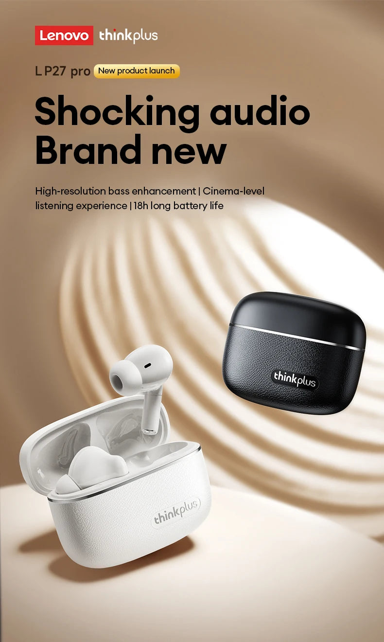 Lenovo LP27 Pro Bluetooth Earphones HIFI Stereo Sound Call Noise Reduction Wireless Headset Long Endurance Earbud Leather Design