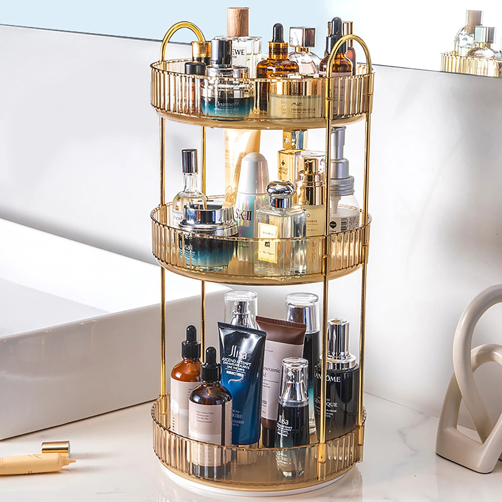High-Capacity Cosmetic Organizer – 3-Tier Rotating Vanity Storage