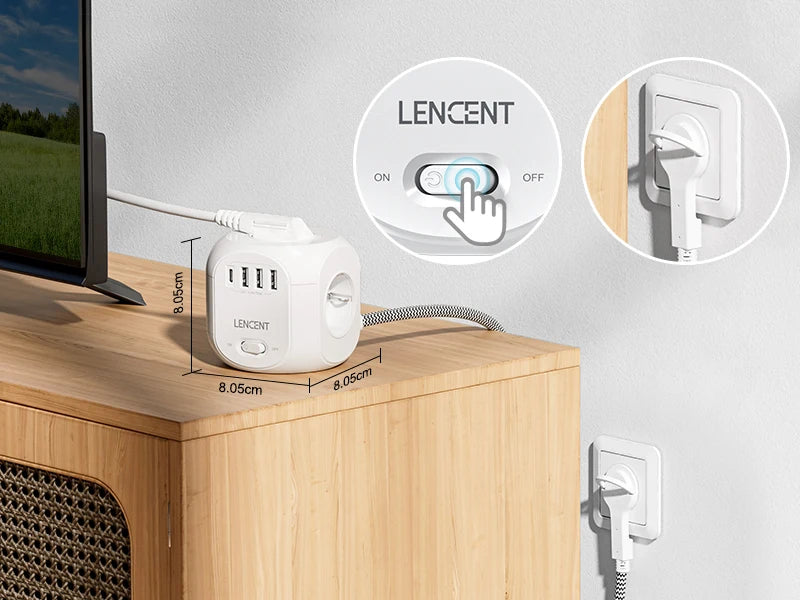 LENCENT Upgraded Power Strip Cube with  4 AC Outlets 3 USB Port 1 Type C 3M Braided Cable Multi Socket with Switch for Home