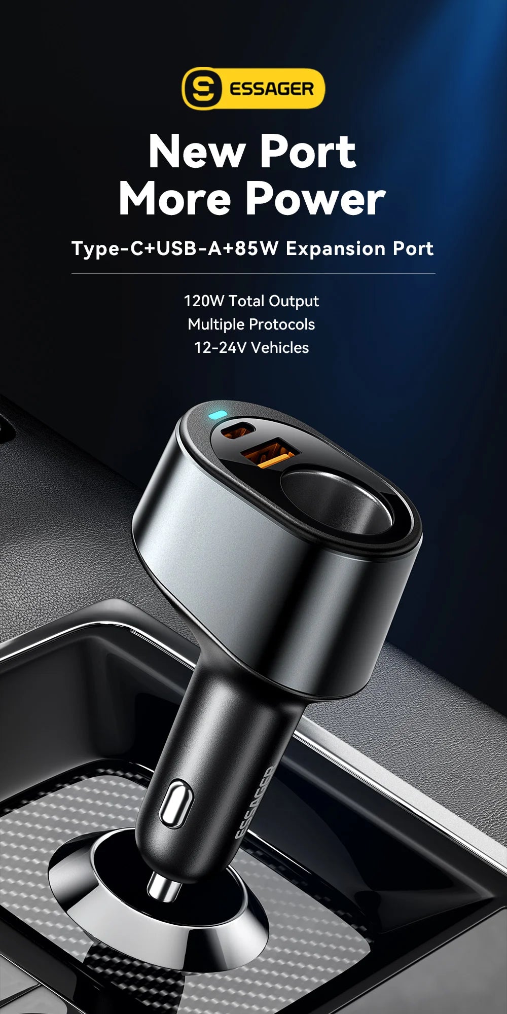 Essager 120W Car Charger Quick Charger Cigarette Lighter QC3.0 USB Type C Fast Charging in Car For iPhone 15 14 13 Xiaomi Laptop