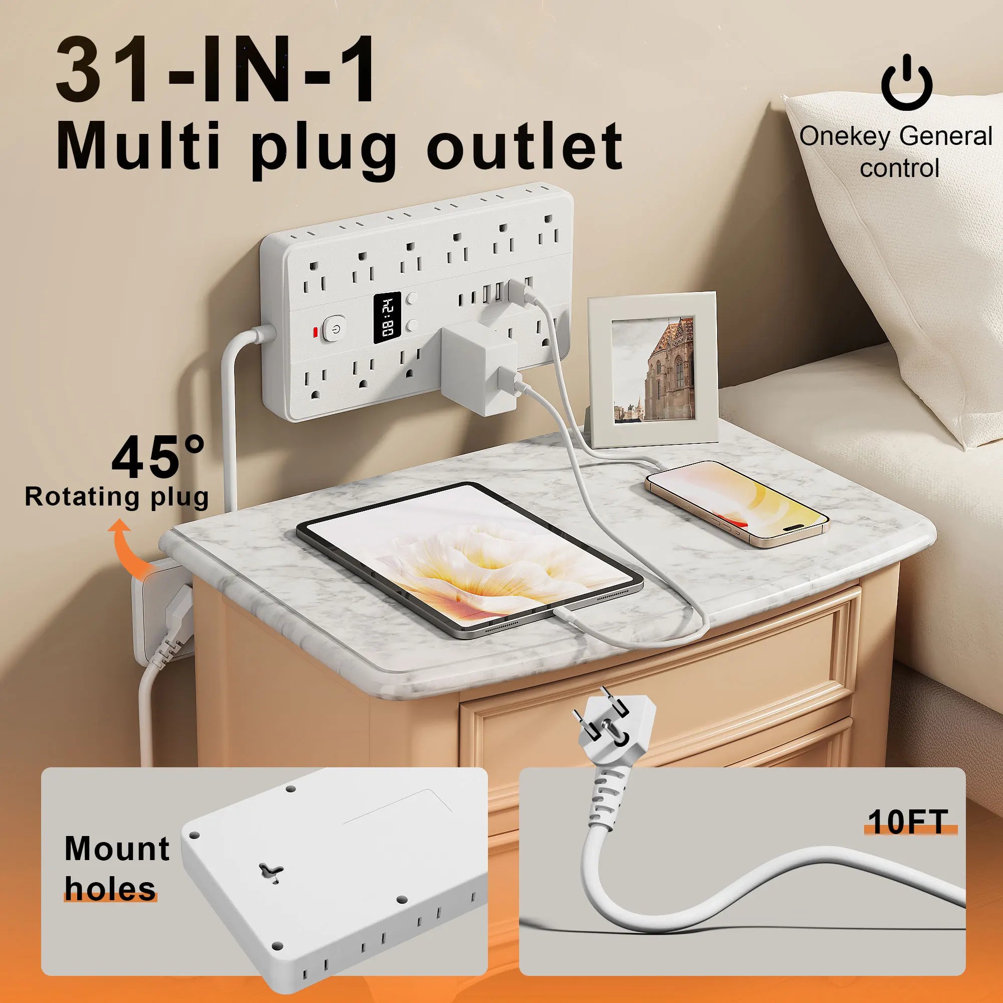 31-in-1 Multifunctional Power Socket – 24 AC Outlets, 4 USB & 2 USB-C with Time Display