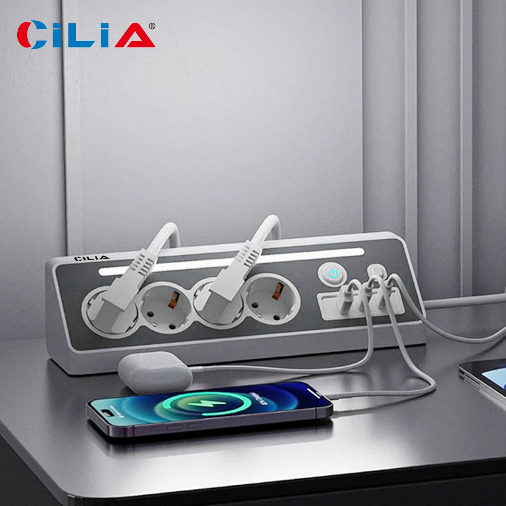 CILIA EU Power Strip 4 Schuko 2 USB C 1 USB A, 3680W 16A Surge Protection with Switch LED, 1 5m Cable for Home