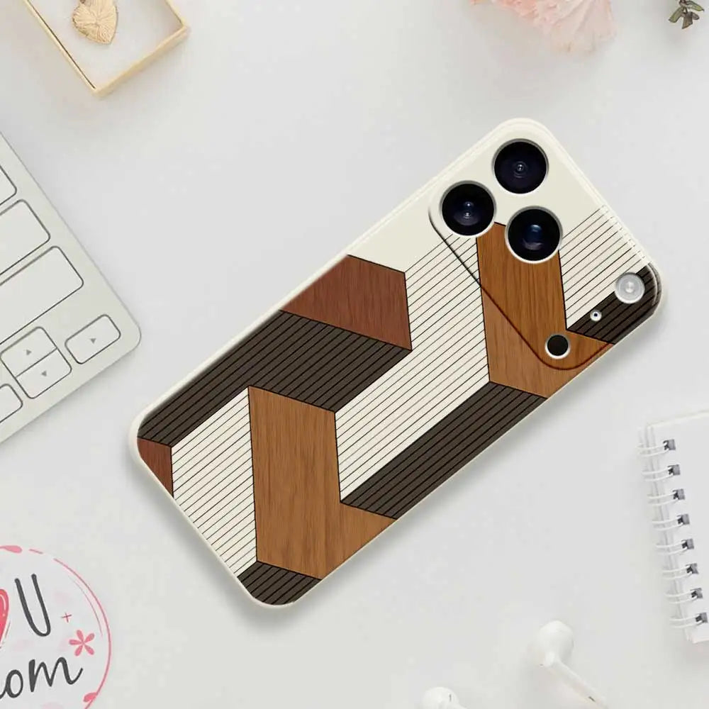Geometric Wooden Texture TPU Phone Case for iPhone 14–17 Series