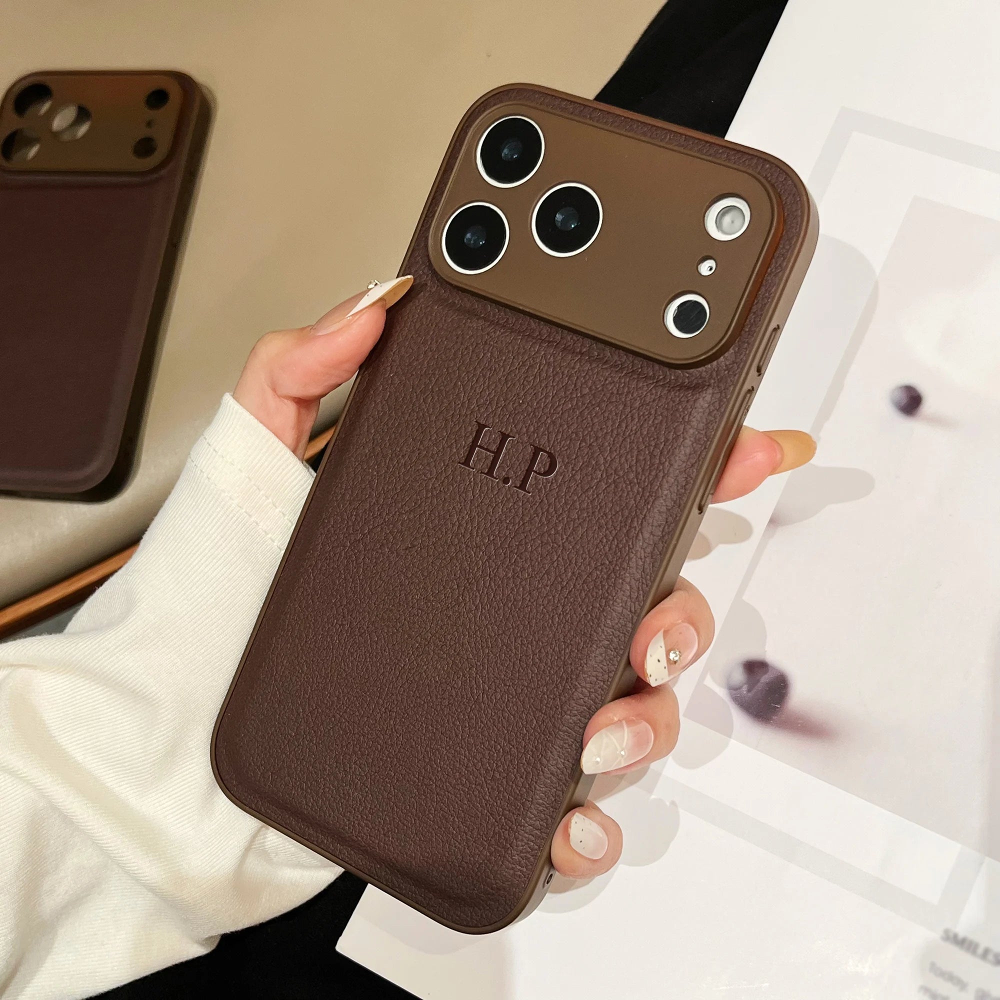 Personalized Luxury Customized Name 3D DIY Hot Engrave Faux Leather Phone Case For iPhone 17 16 15 14 13 Pro Max Plus Air