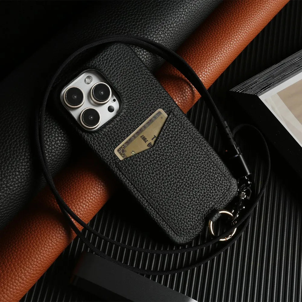 Multifunctional Charging Cable Lanyard Genuine Leather Case For iPhone 16 Pro Max 15Pro 11 13 12 14Pro Crossbody Strap Card Slot