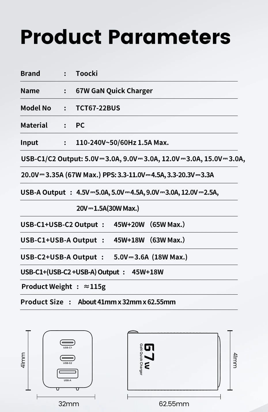 Toocki 67W GaN Charger – Fast USB-C PD for iPhone, MacBook & Samsung