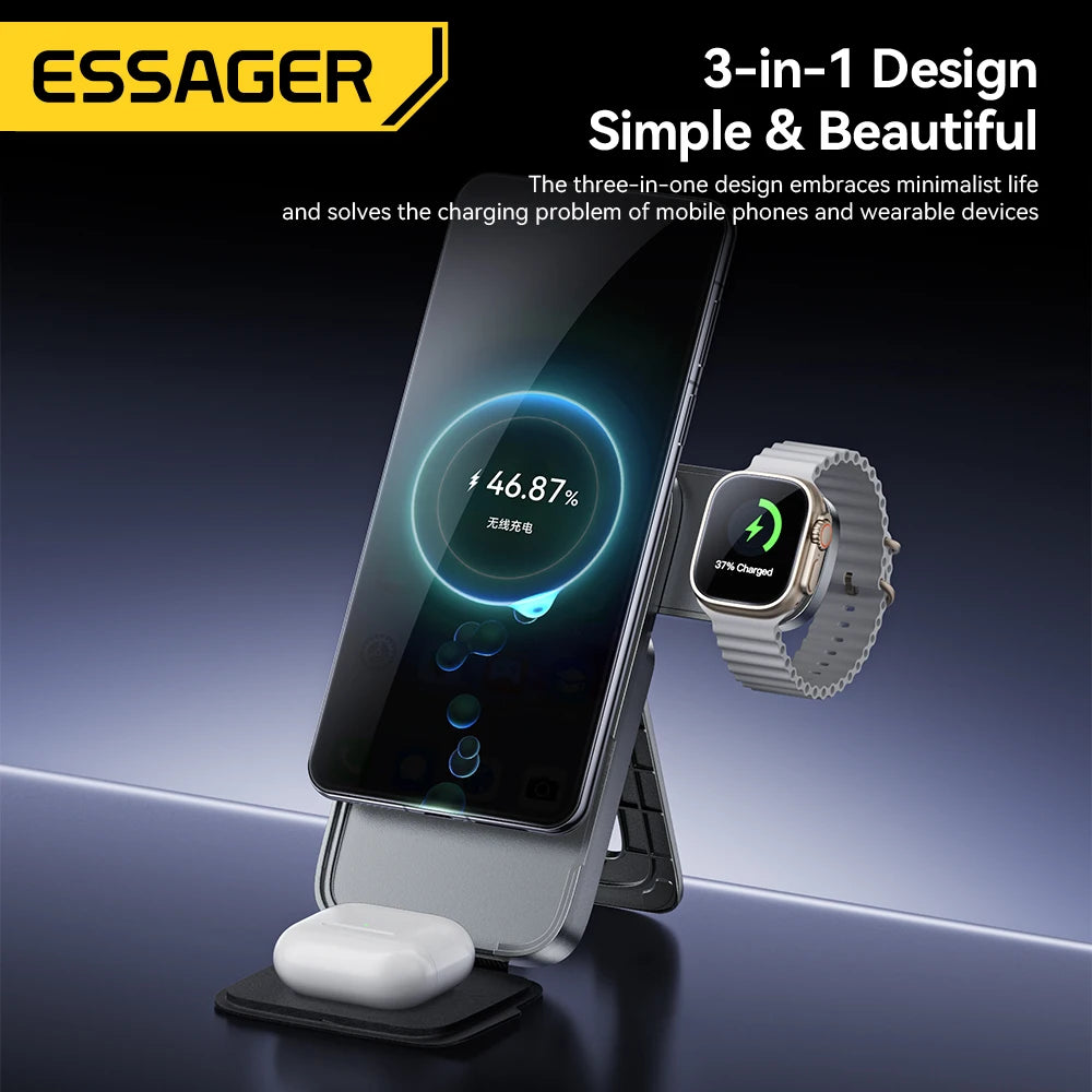 ESSAGER 3-in-1 Foldable Wireless Charger – 15W Optimized