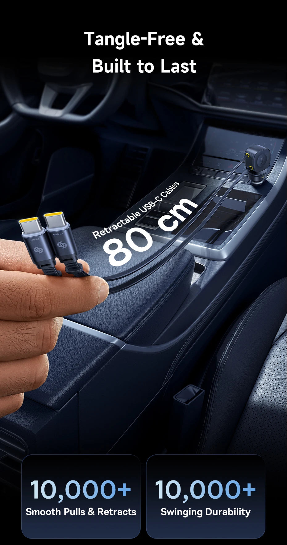Baseus 240W Car Charger – 4-Port Fast Charging Adapter with Retractable USB-C Cable