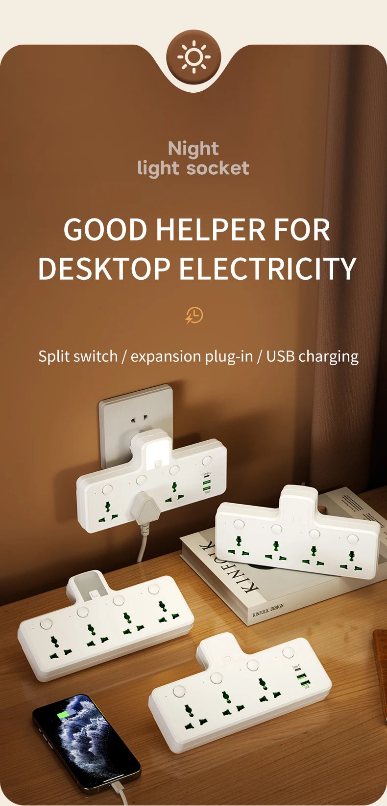 7-in-1 EU US UK AU Power Strip, Independent switch socket Power Strip 3 AC Outlets 2 USB 1 Type-C, Equipped USB charging adapter