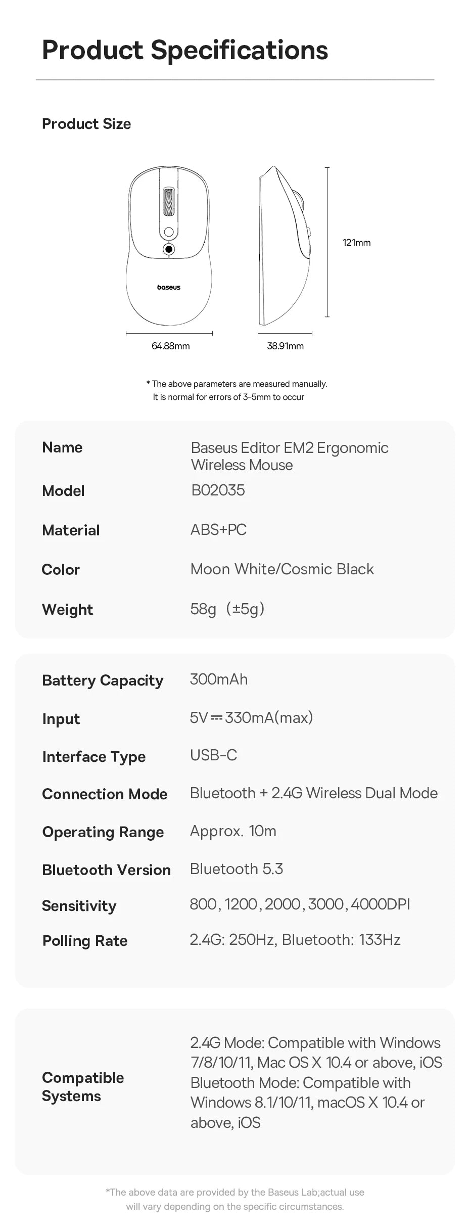 Baseus EM2 Wireless Mouse – Ergonomic, Silent, Type-C Charging