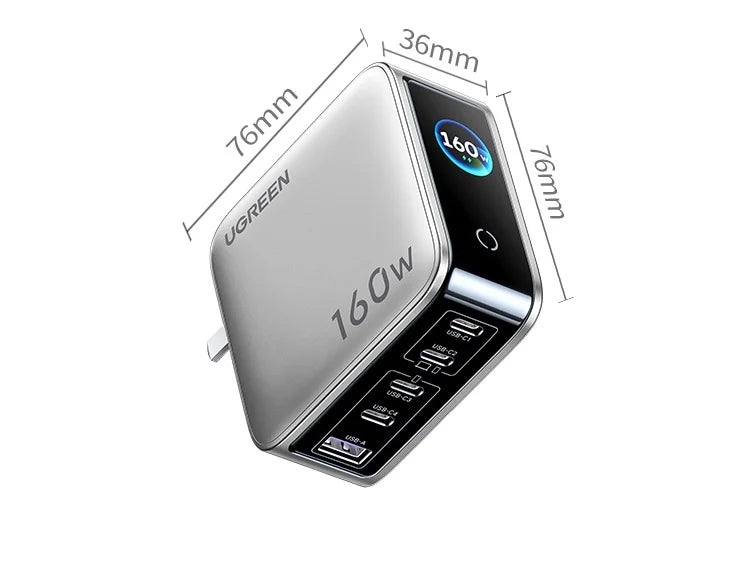 UGREEN GaN Charger 160W PD3.1 Fast Charging Phone Charger With Five Ports USB-C/A AI Smart Display For iPhone17 Tablets Laptops
