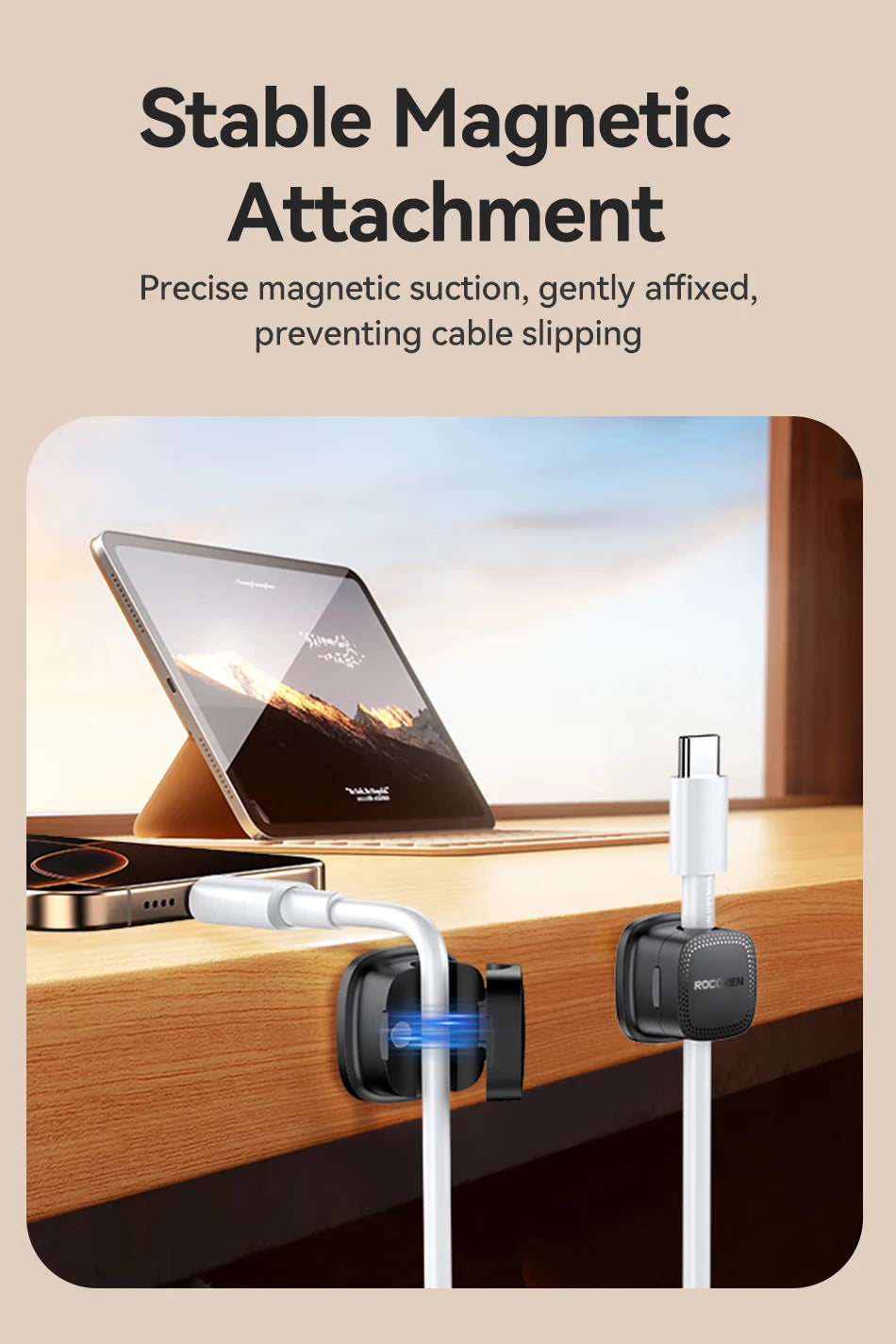 Rocoren Magnetic Cable Organizer – 6PCS Adjustable Wire Holder for Desk