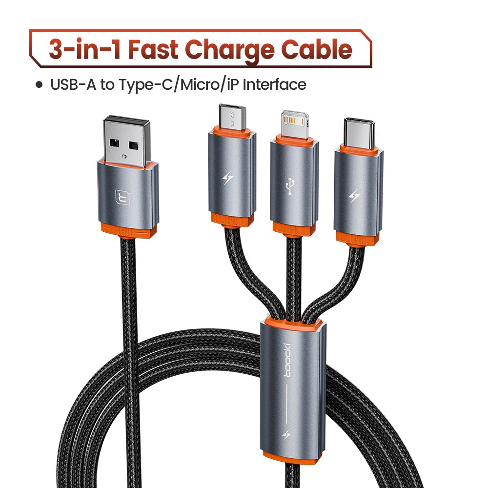 TOOCKI 3-in-1 Fast Charging Cable – USB-C, Lightning & Micro USB Multi Charging Cable