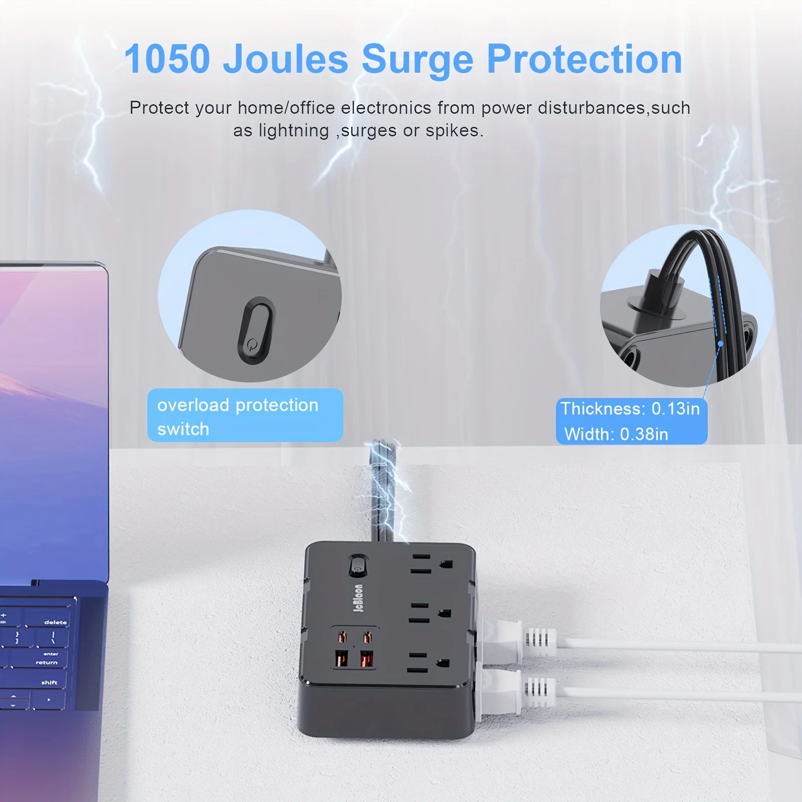 Power Strip Adapter – 6 AC Outlets & 4 USB Ports(2 USB - C) with 5ft Flat Cord