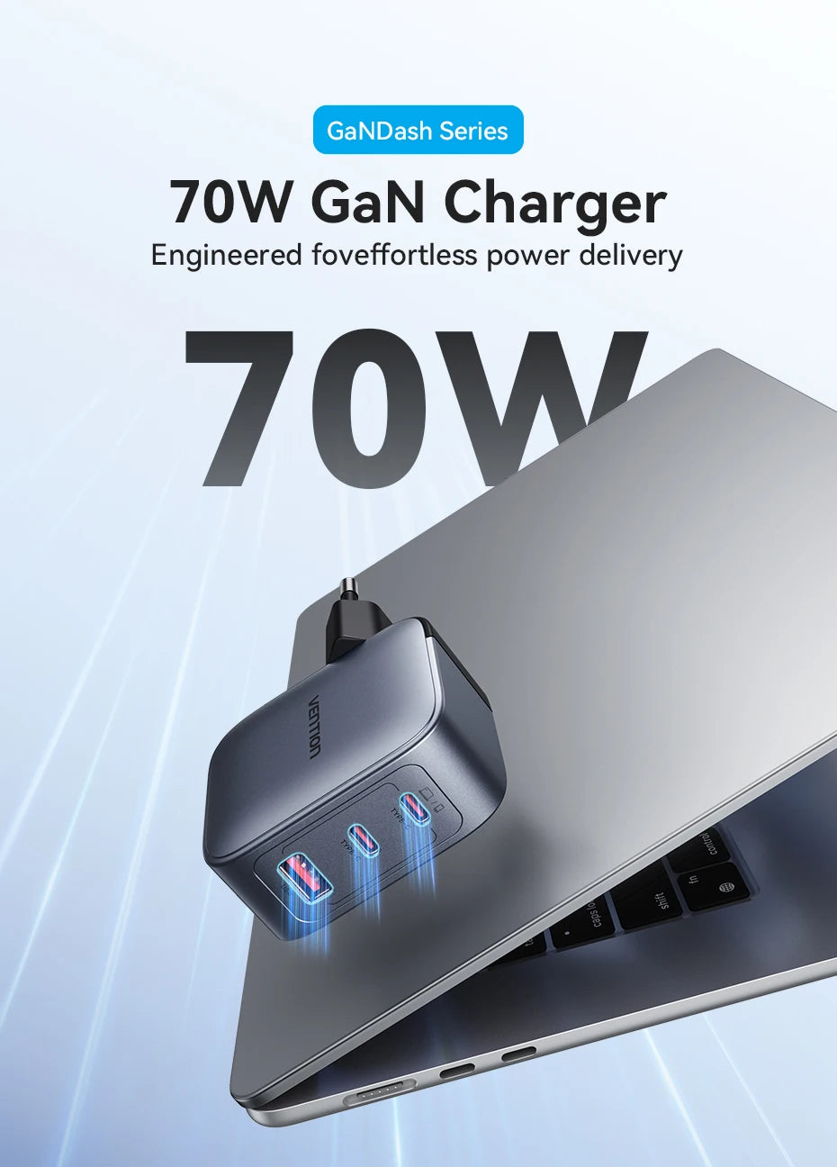 Vention 70W GaN Fast Charger – USB-C PD for Phones & Laptops