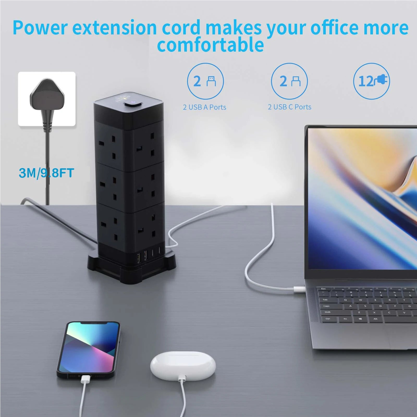 UK Power Tower Extension Lead – Multi Socket Surge Protector with USB-C & USB Charging Ports