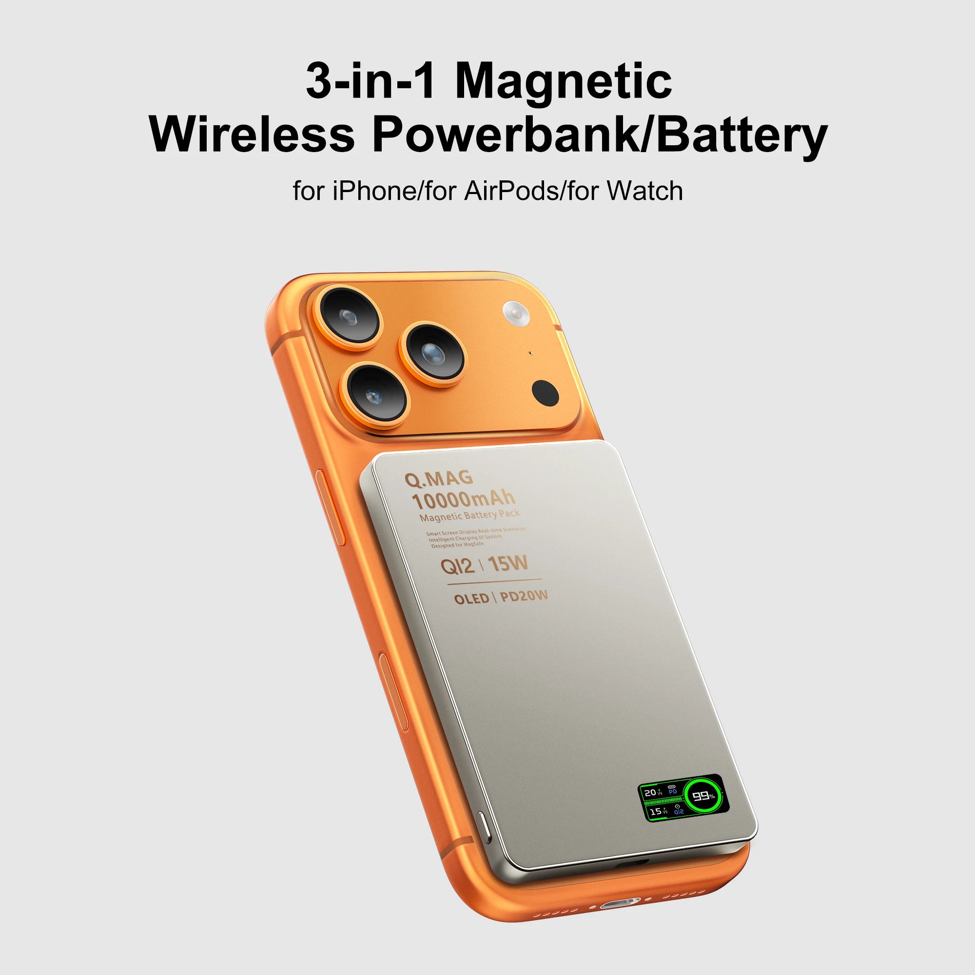 15W Wireless Magnetic Power Bank – LCD Display, iPhone, AirPods & Watch Charging