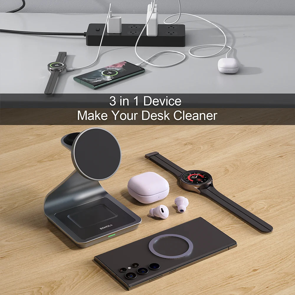 Bonola Wireless Charging Stand – 15W Fast Charge, 3-in-1 for Phone, Watch & Buds