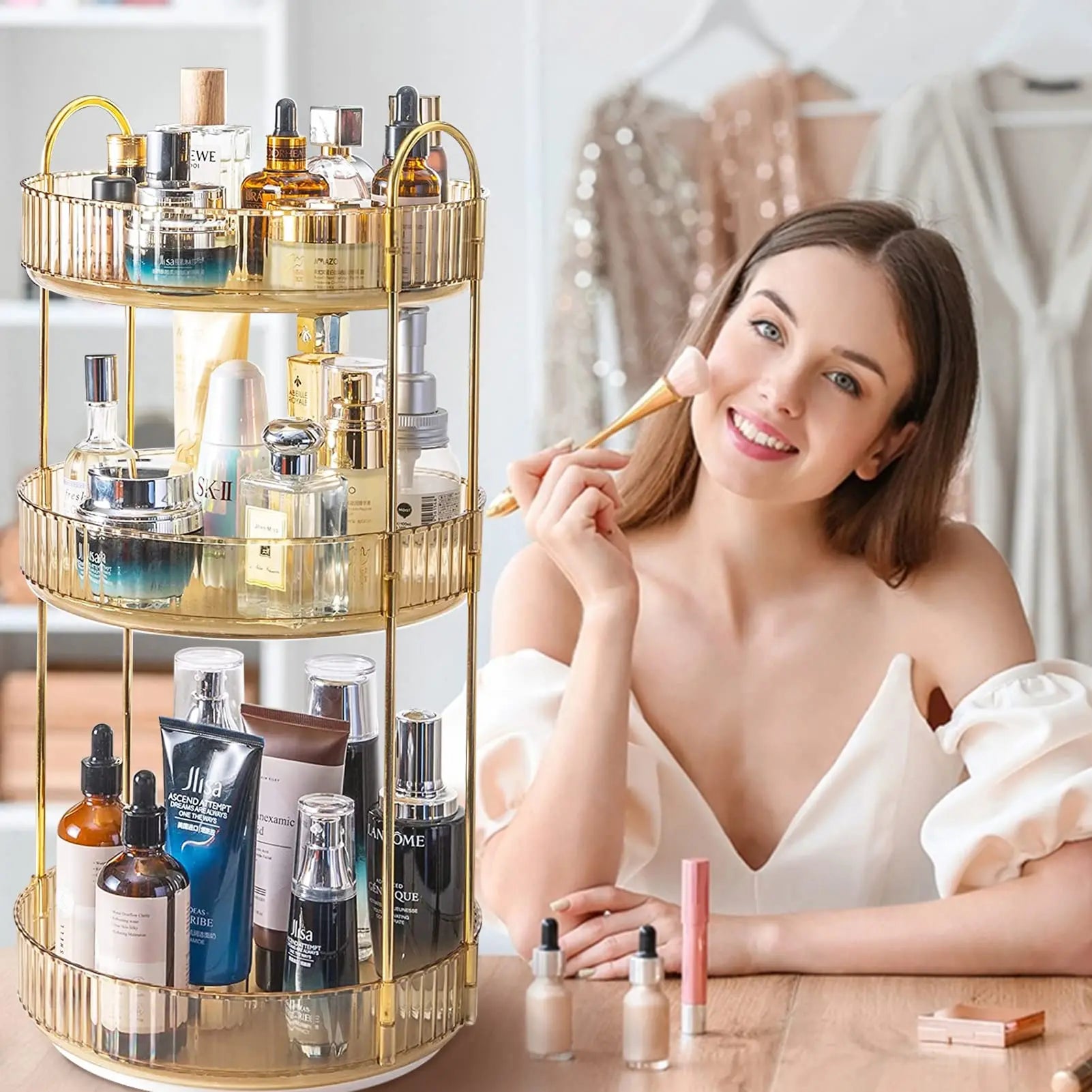 High-Capacity Cosmetic Organizer – 3-Tier Rotating Vanity Storage