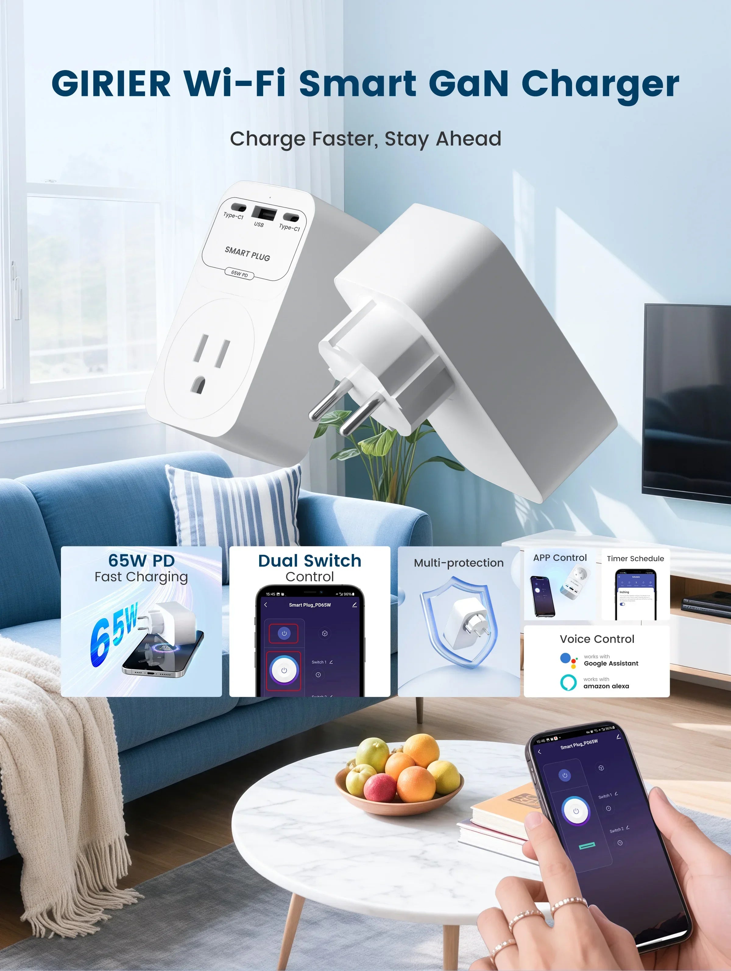 GIRIER Smart WiFi Plug + 65W Fast Charger – EU/US/UK/FR