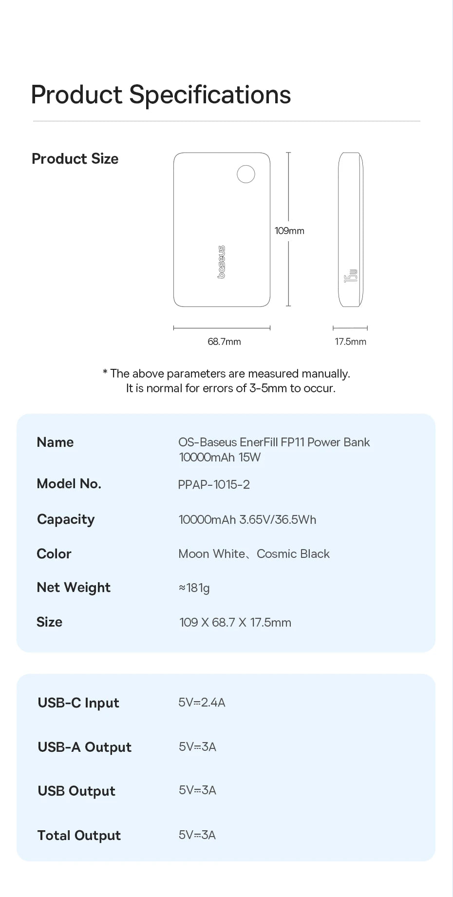 Baseus FP11 10,000mAh Power Bank – 15W PD Fast Charge, USB-C