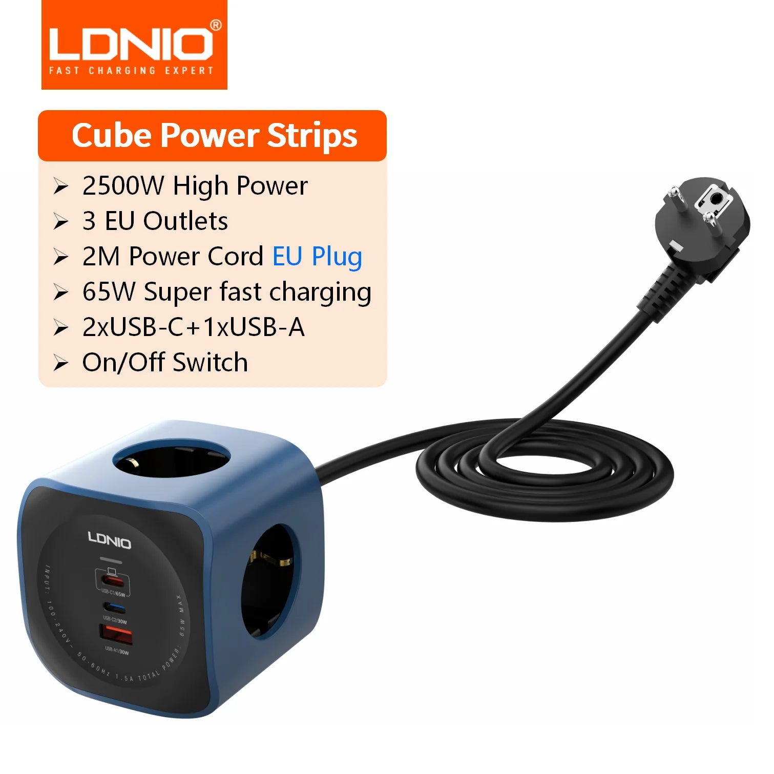 LDNIO 65W Power Cube Charging Station – 3 AC Outlets, USB-C Fast Charging & 2M Extension Cord