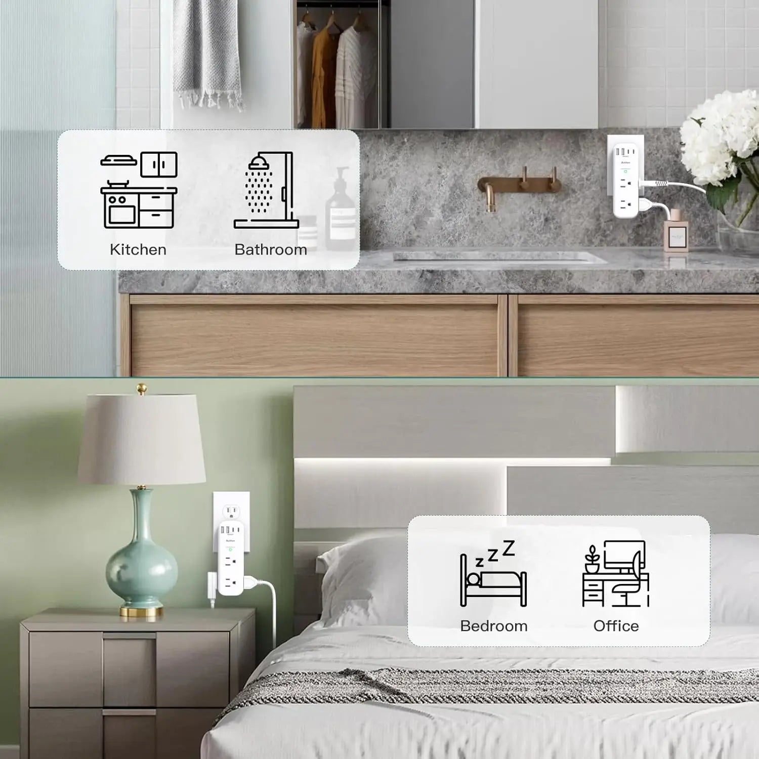 Collage of a kitchen, bathroom, bedroom, and office with corresponding icons and labels.