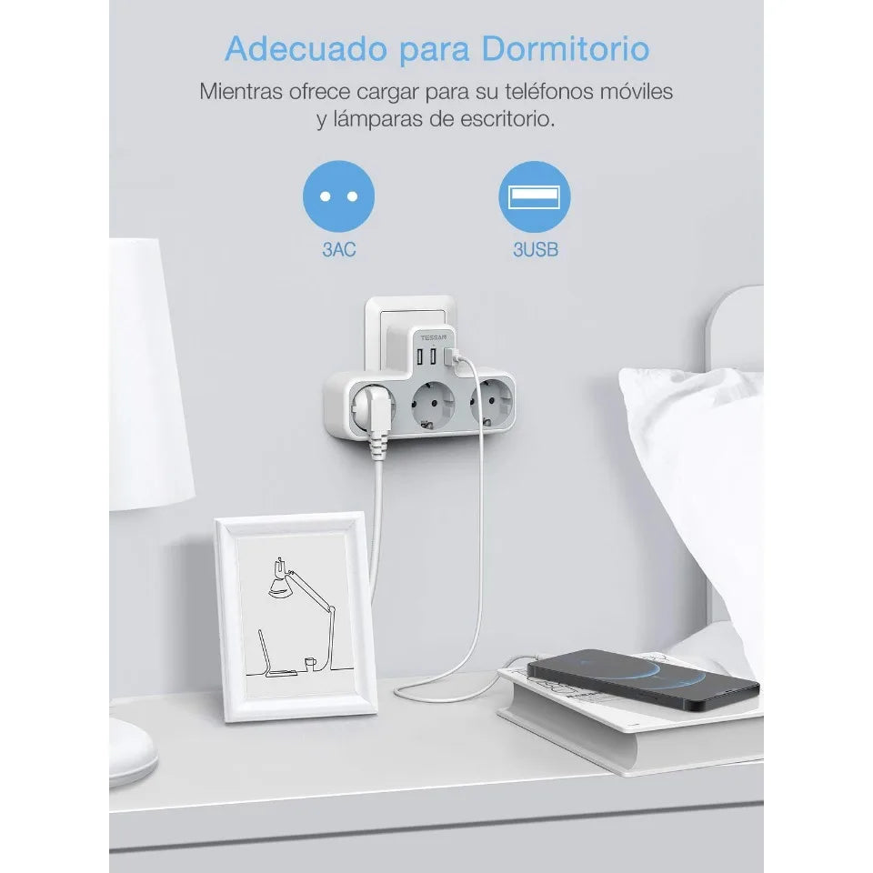 TESSAN Multiple Wall Socket with 3 AC Outlets Charging Ports EU Plug Wall Power Strip with Overload Protection 3fach Stecker Eu