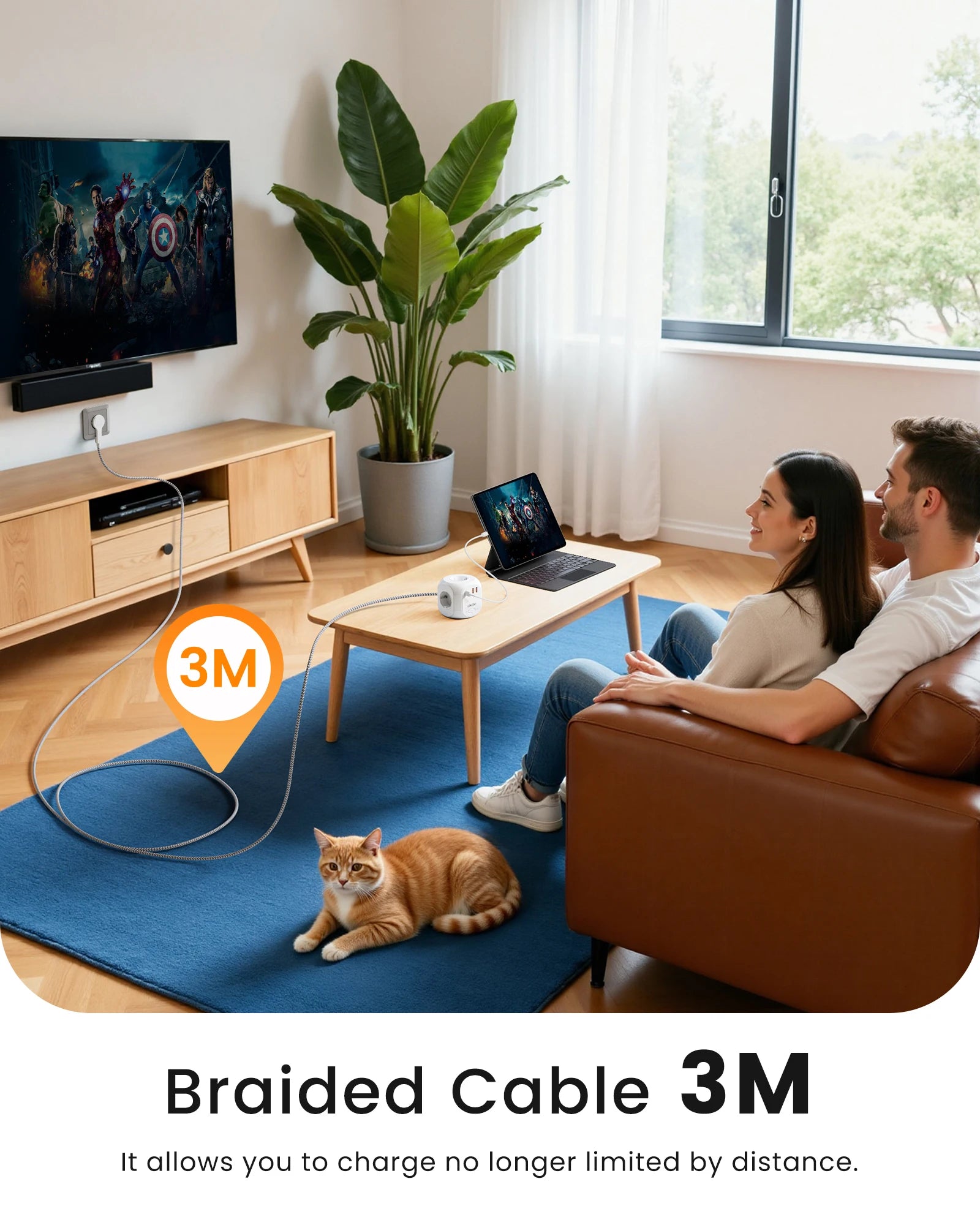 LENCENT Upgraded Power Strip Cube with  4 AC Outlets 3 USB Port 1 Type C 3M Braided Cable Multi Socket with Switch for Home
