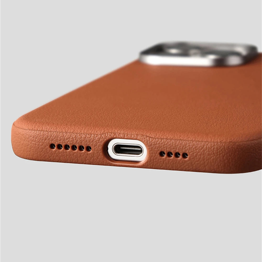 Luxury Business Metal Camera PU Leather Magnetic Case for iPhone 15–17 Series – MagSafe Wireless Protective Cover