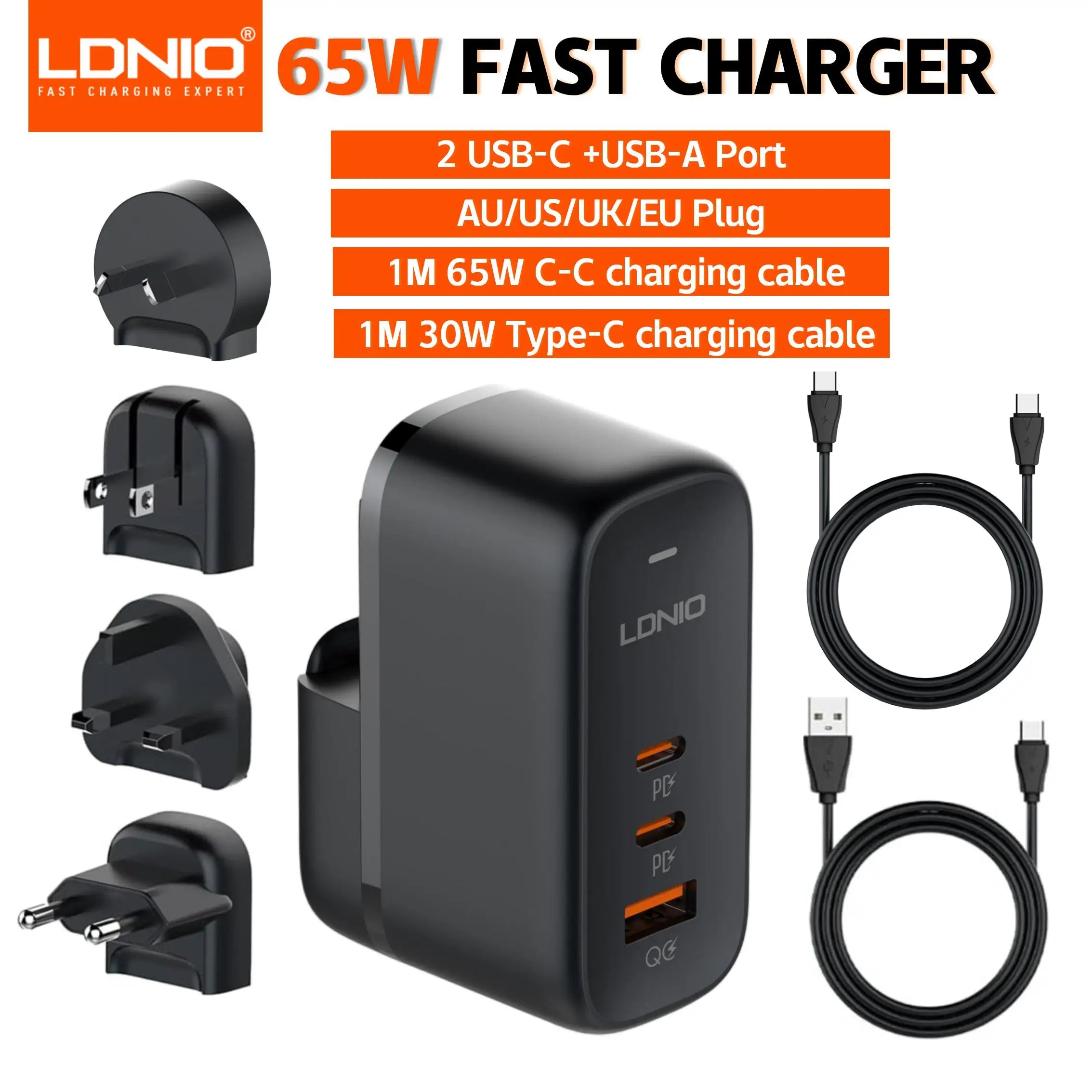 LDNIO 65W GaN USB-C Travel Charger – 3-Port PD/QC Wall Charger with EU/UK/US/AU Adapter