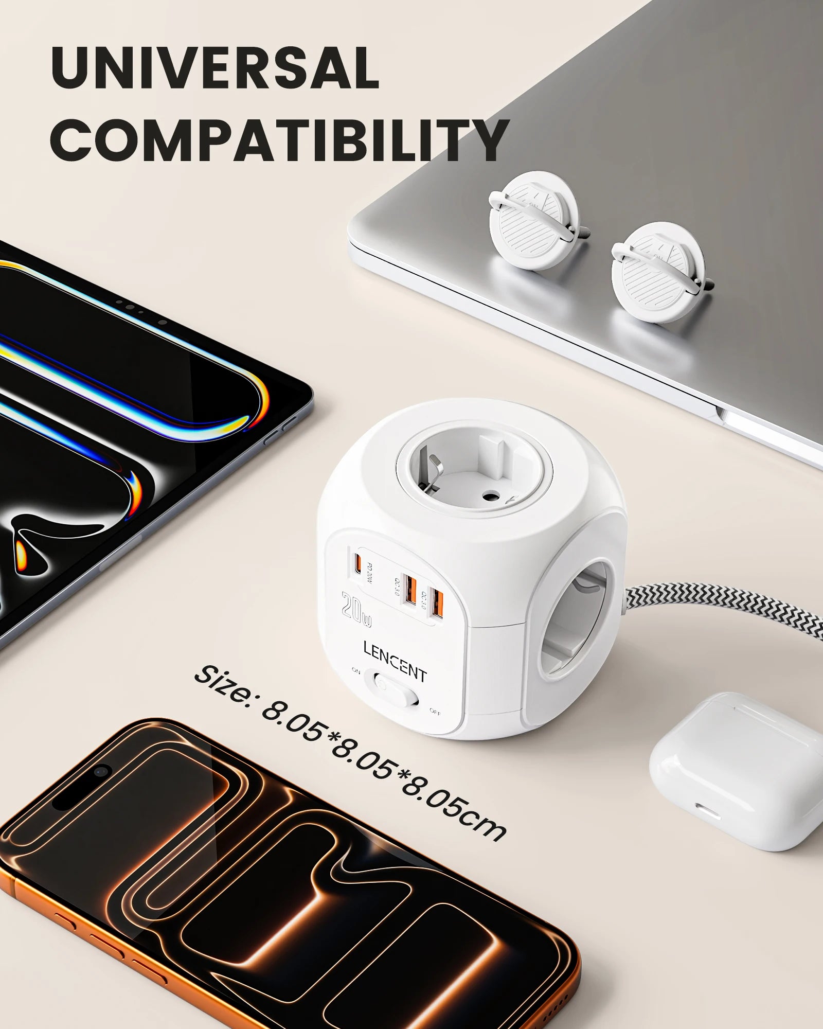 LENCENT Upgraded Power Strip Cube with  4 AC Outlets 3 USB Port 1 Type C 3M Braided Cable Multi Socket with Switch for Home