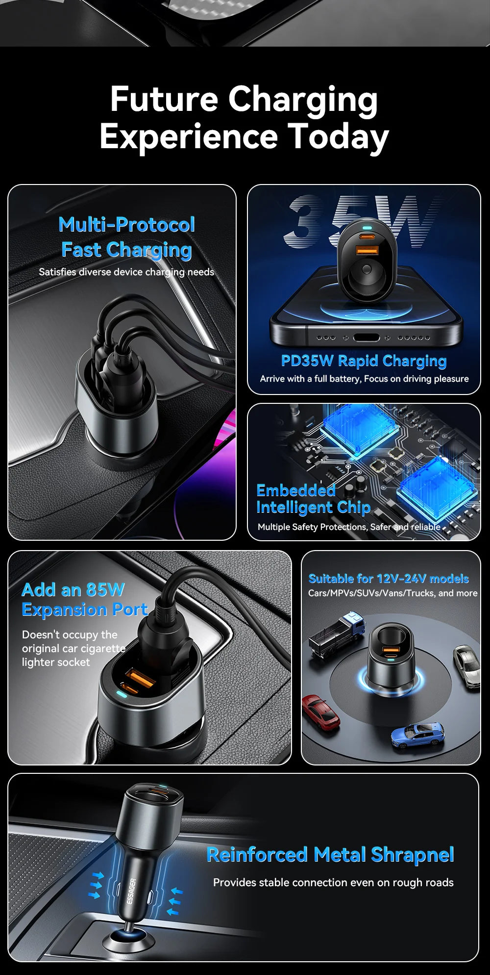 Essager 120W Car Charger Quick Charger Cigarette Lighter QC3.0 USB Type C Fast Charging in Car For iPhone 15 14 13 Xiaomi Laptop