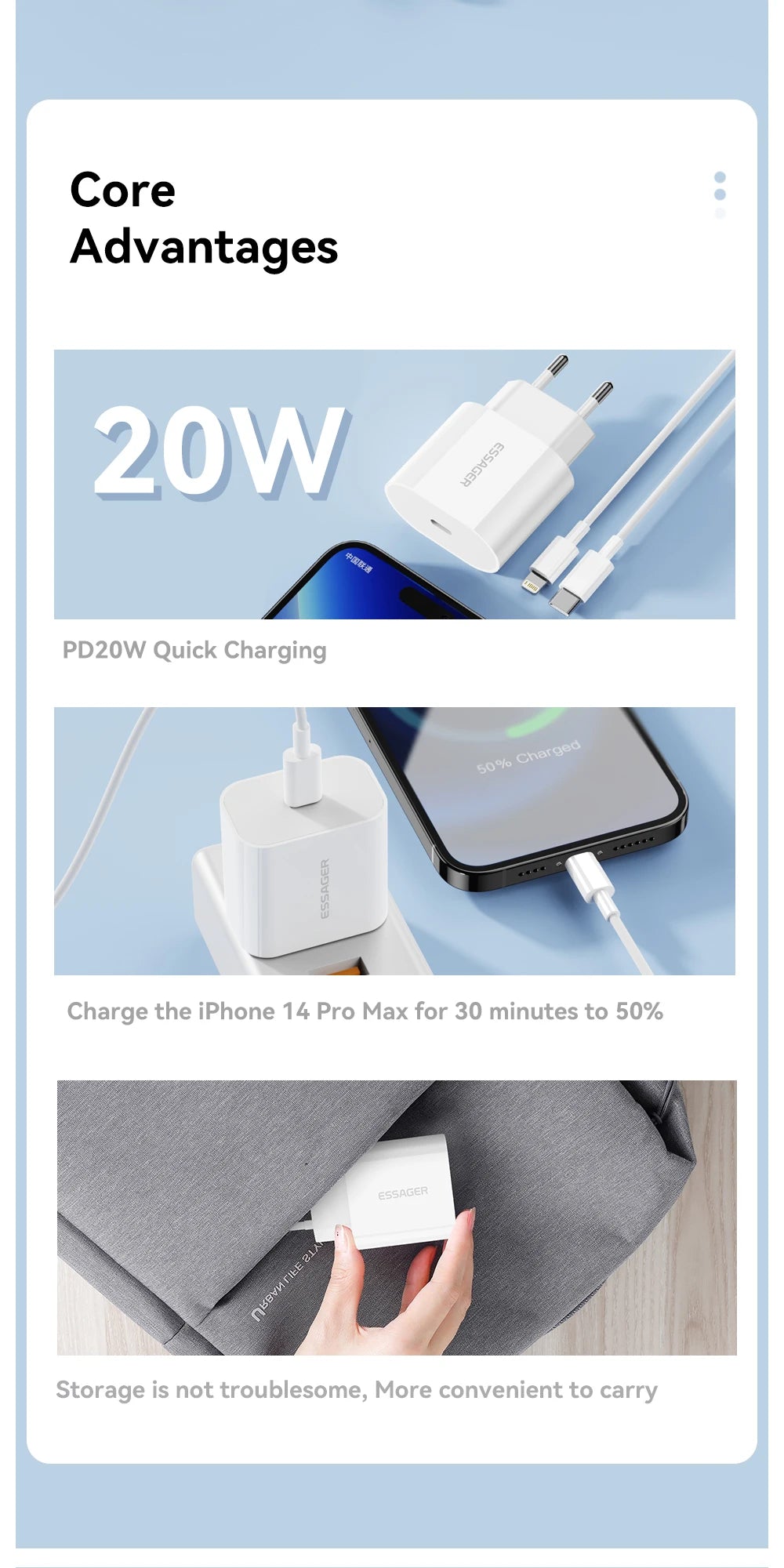 Essager 20W Charger Fast Charging Type-C Lightning Charger Set PD QC Quick Charge  For  iPhone 14 13 12 11 iPad Pro Max