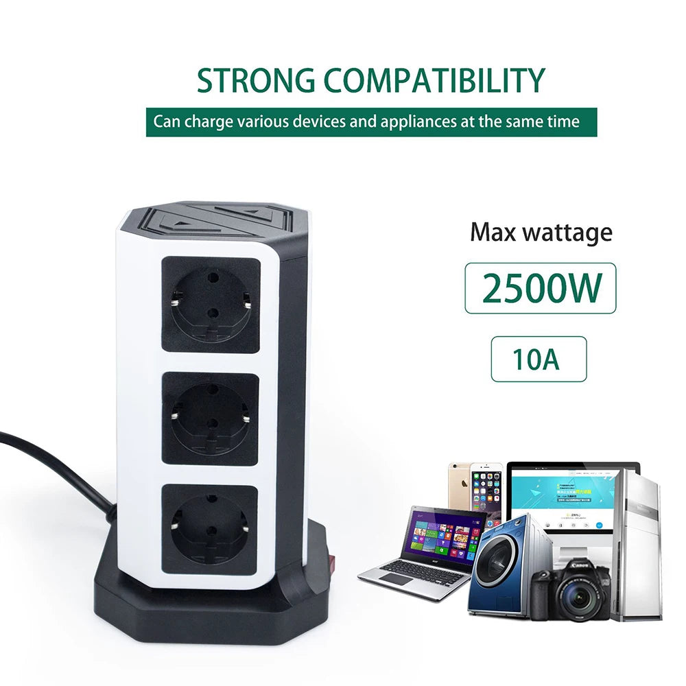 MELERY EU Vertical Space - Saving Tower Power Strip – 9 AC Sockets & 5 USB Ports
