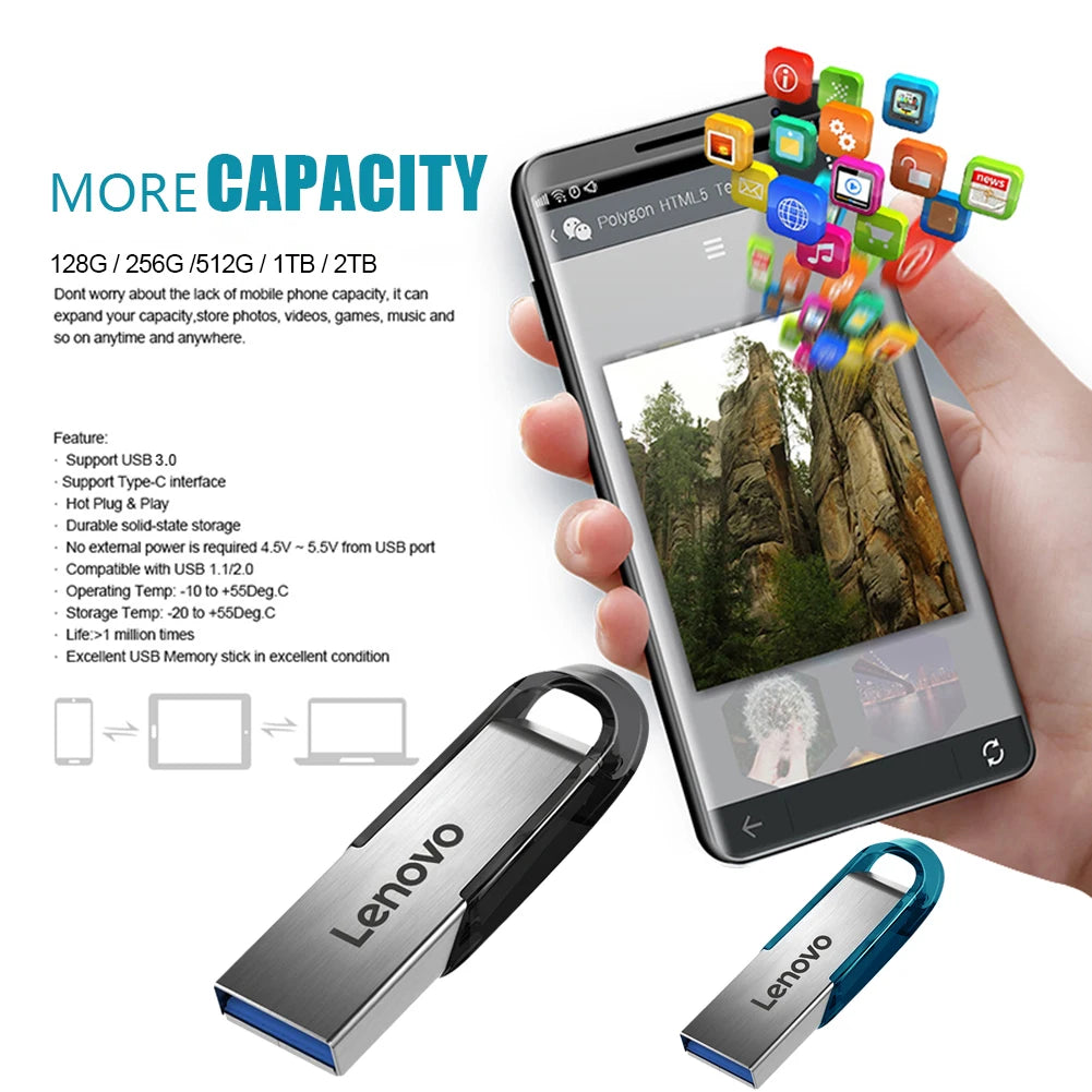 Lenovo 2TB/1TB/512GB USB 3.0 Flash Drive – Waterproof Metal Storage