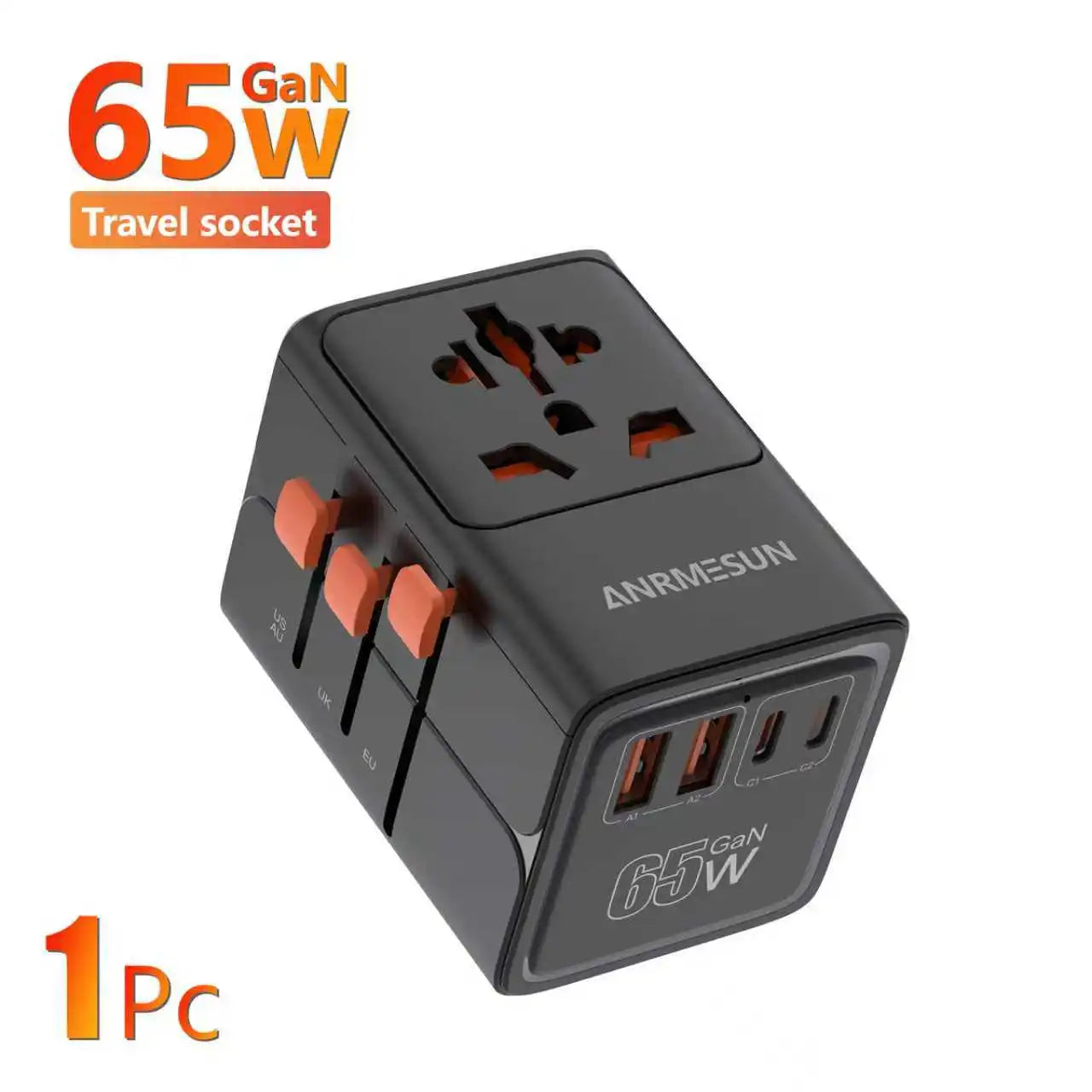 JINGMIN Universal Travel Adapter – 4 AC Outlets + 3 USB/Type-C PD 25W