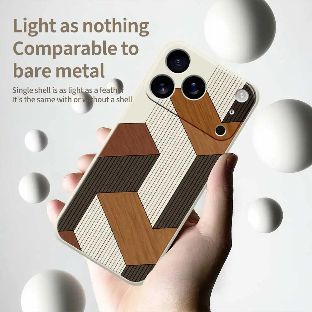 Geometric Wooden Texture TPU Phone Case for iPhone 14–17 Series